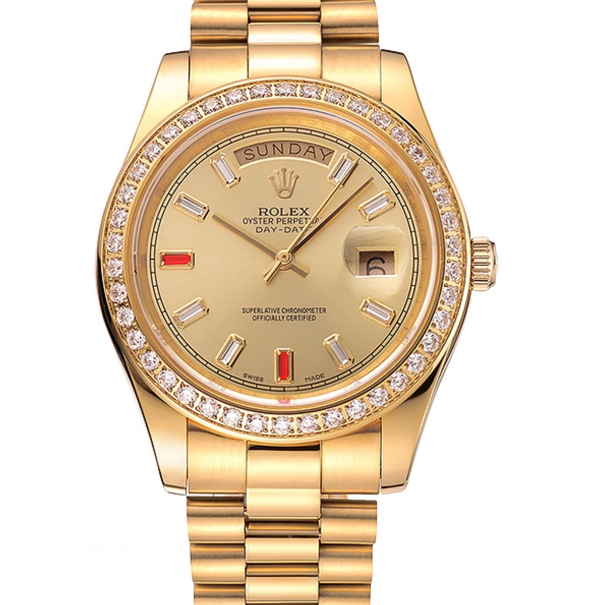 Best AAA Replica Sites Gold Diamonds Dial Bracelet Day-Date Champagne 1454100 Rubies Rolex Swiss And 0223