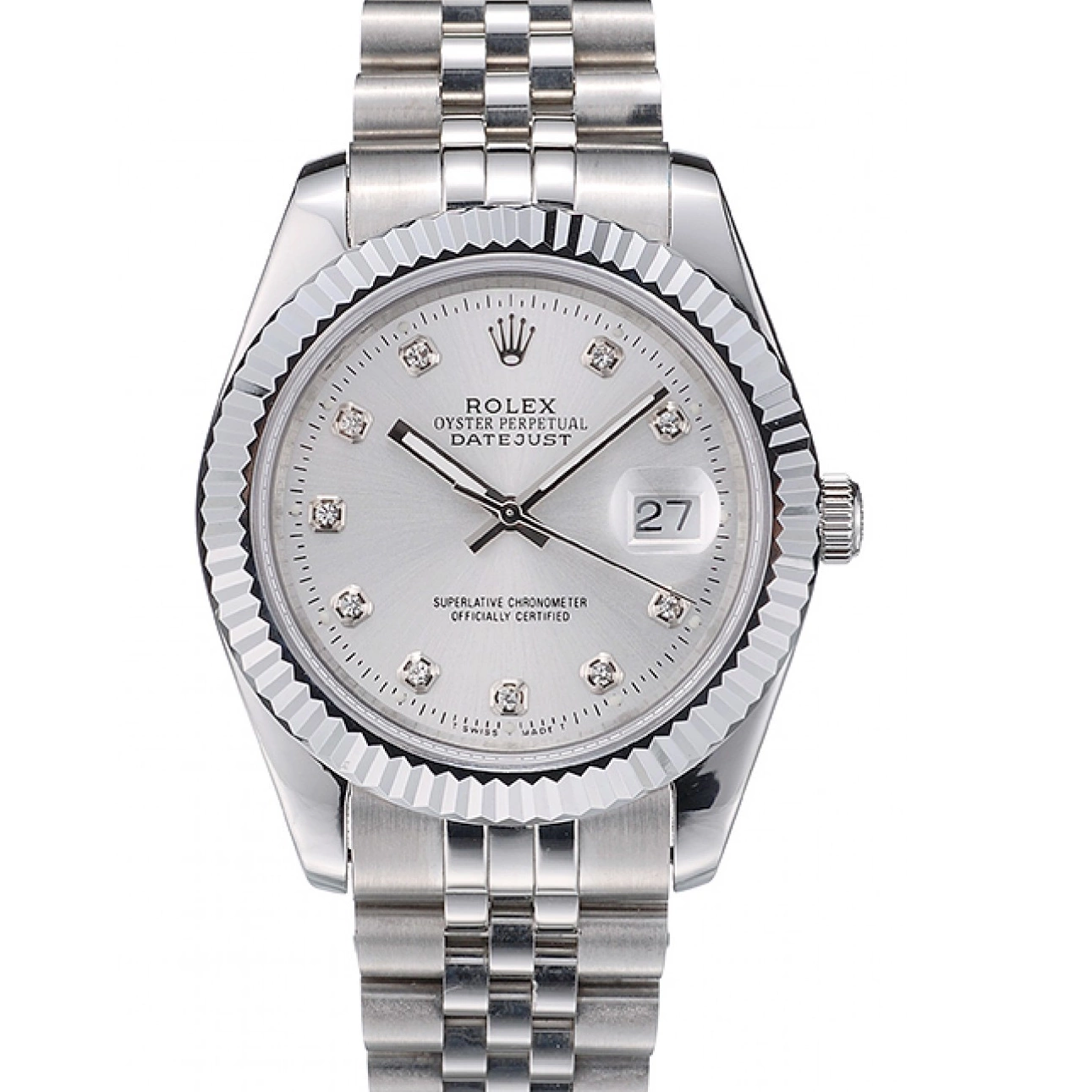 Good Copy Rolex Watches Stainless Swiss Steel Rolex Ribbed Silver Bezel DateJust 41996 Dial 0210