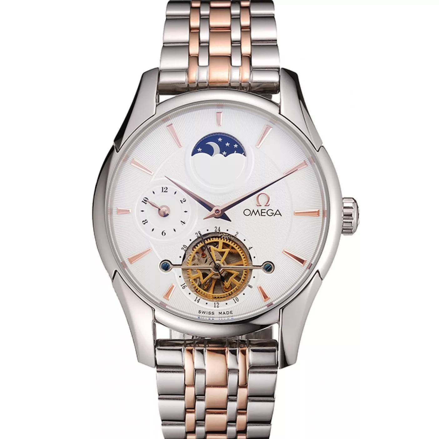 Omega De Ville Moonphase Tourbillon White Dial Stainless Steel Case Two Tone Steel Rose Gold Bracelet 0206