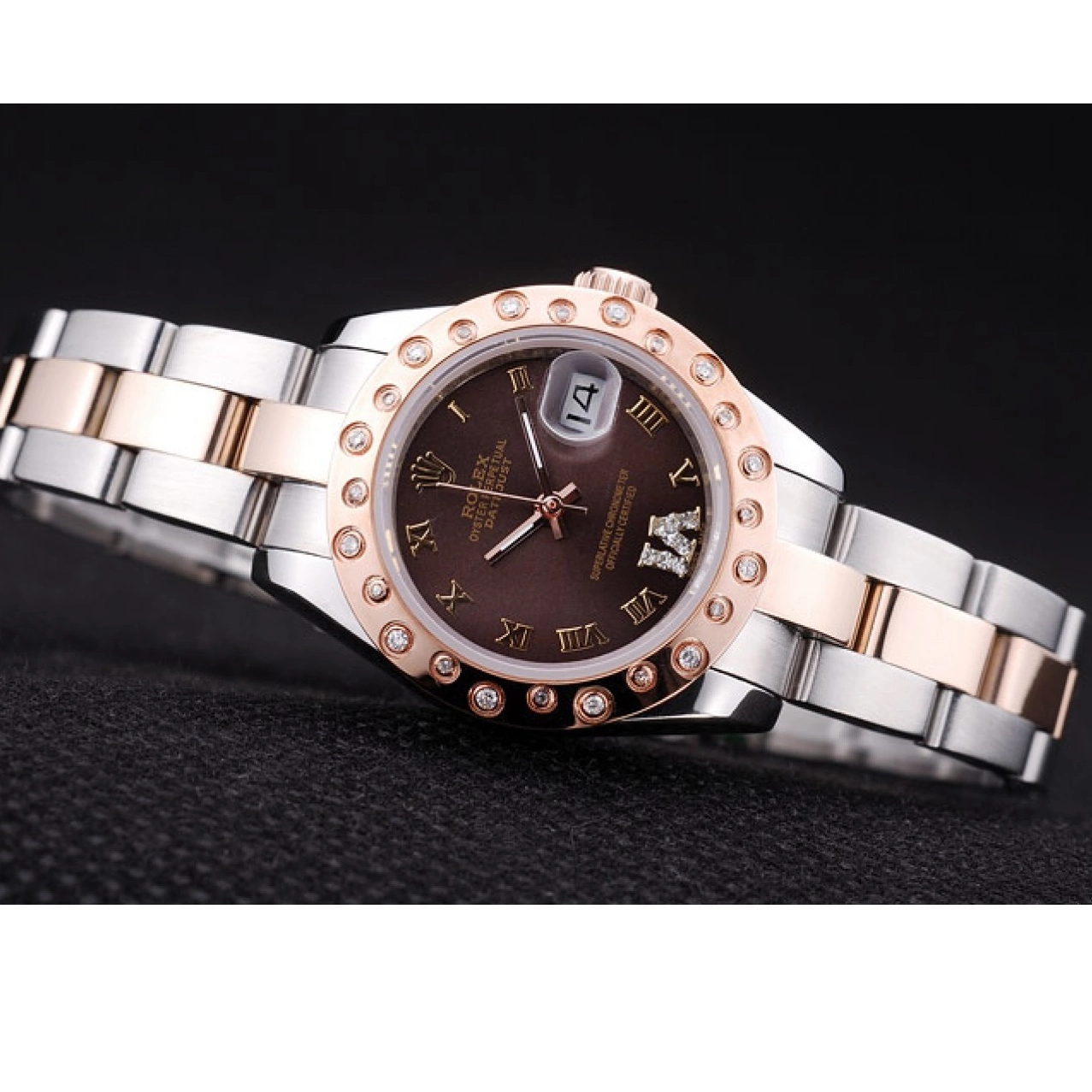 AAA Replica Watches Gold Dial Polished Datejust Rolex Rose Brown Bezel Diamonds 7475 0213