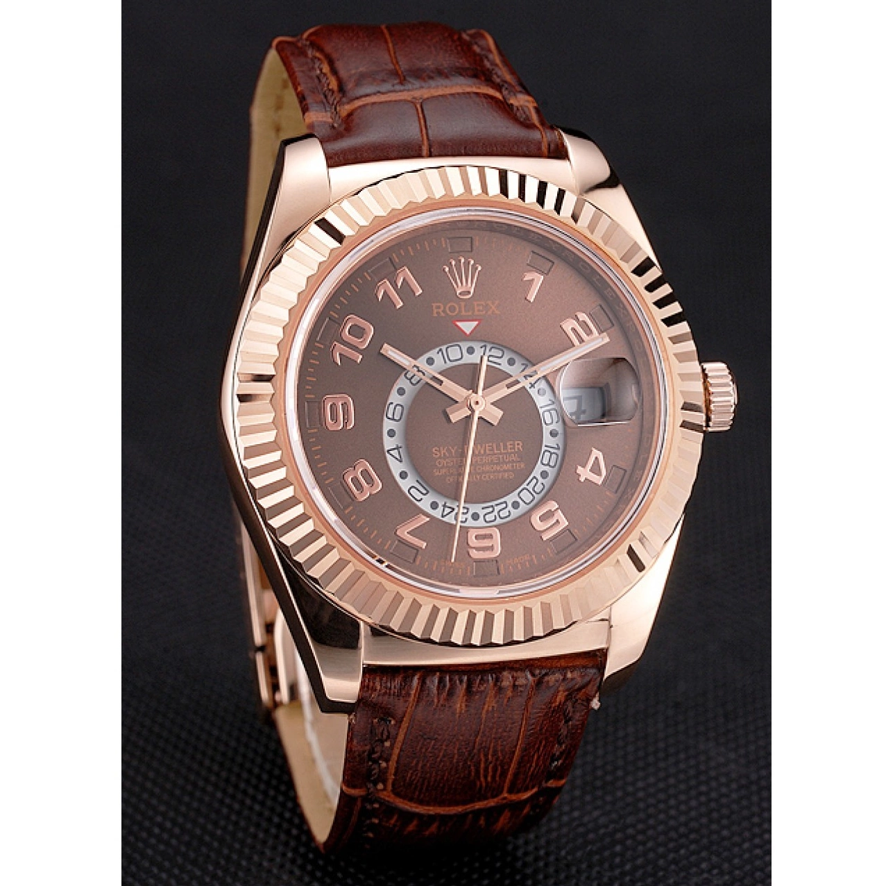 Good Copy Rolex Watches Brown Brown Case Gold Rolex Dweller Dial Leather Sky Rose Strap 0210