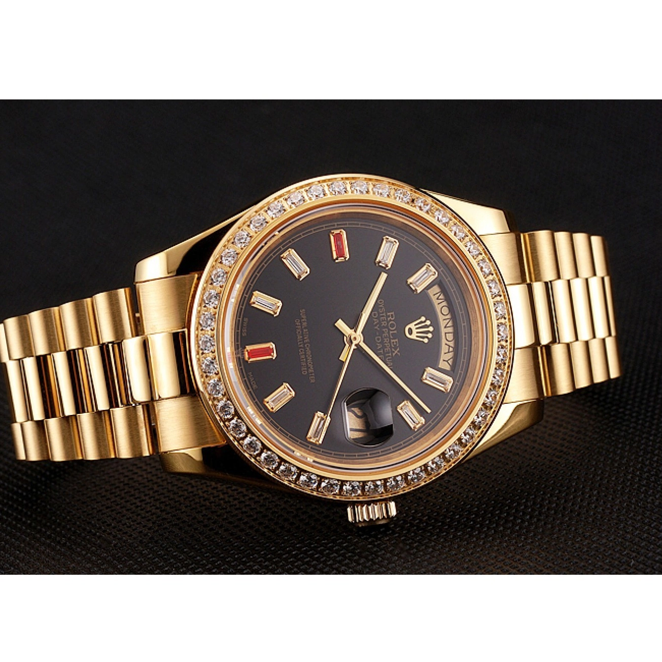 Best AAA Replica Sites Black Rolex 1454101 Dial Swiss Gold And Rubies Day-Date Bracelet Diamonds 0222