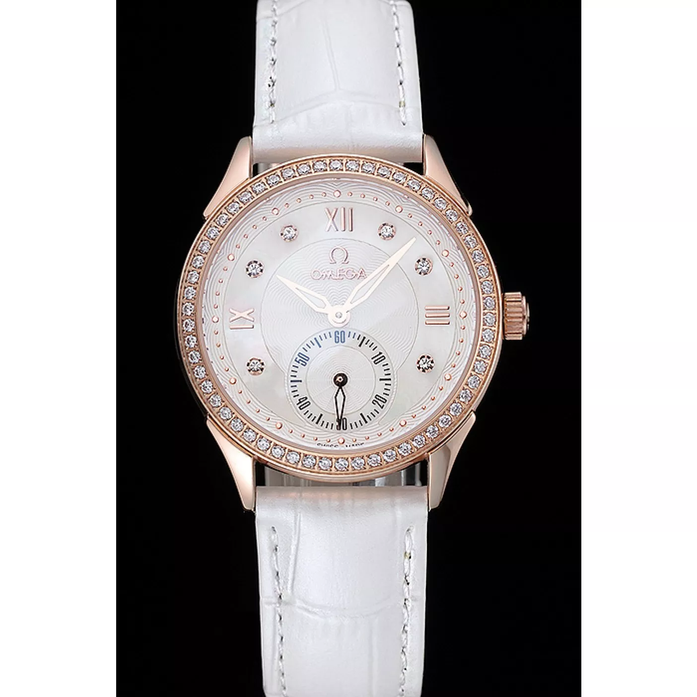 Best AAA Replica Sites Omega DeVille Prestige White Dial Gold Diamond Case White Leather Bracelet 1454122 0206