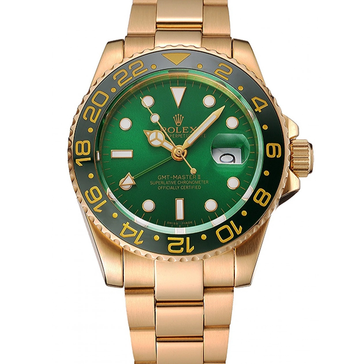 Best AAA Replica Sites Green Rolex Swiss II Master Bracelet Dial And 1453750 Gold GMT Case Bezel And 0213