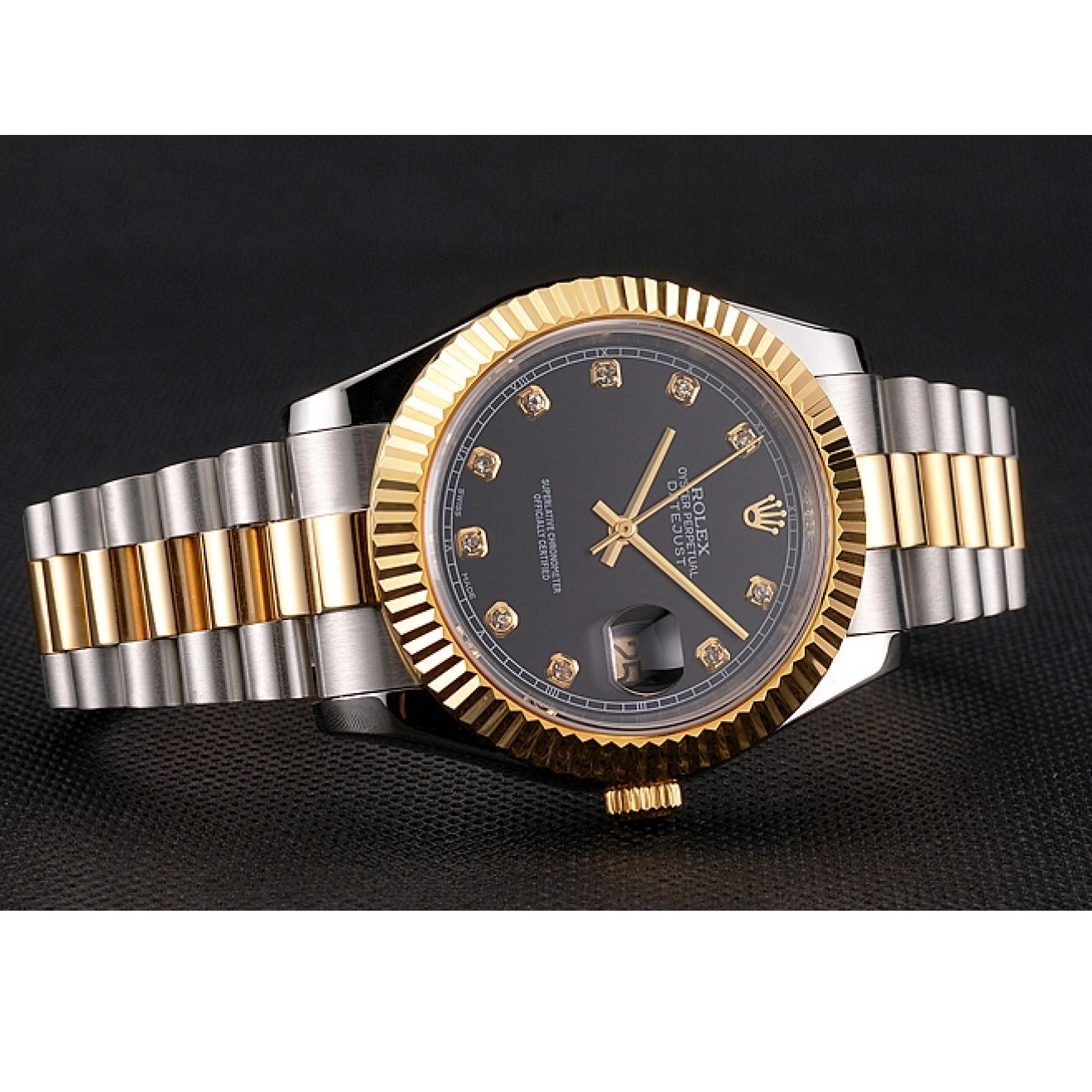 Best AAA Replica Sites Stainless Swiss Gold Steel Rolex Two Dial Bracelet Bezel Black Case Tone Datejust 0221