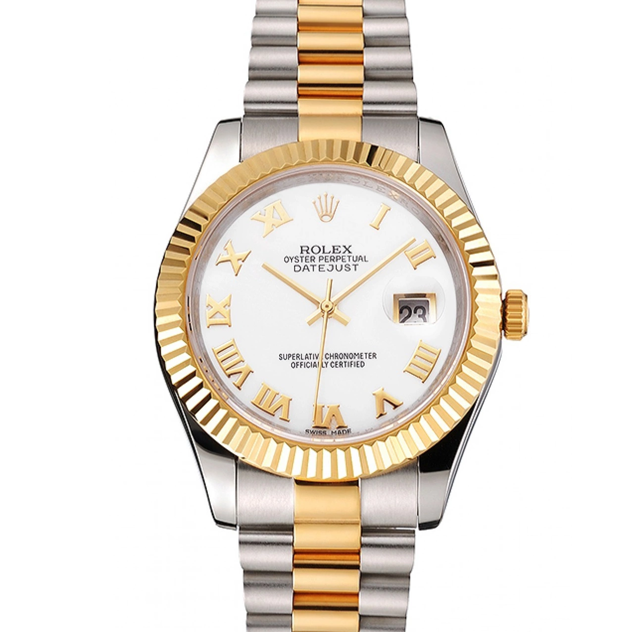 AAA Replica Watches Rolex Two Swiss Roman Bezel Bracelet Stainless Datejust Gold Steel Tone Dial Case Numerals White 0220