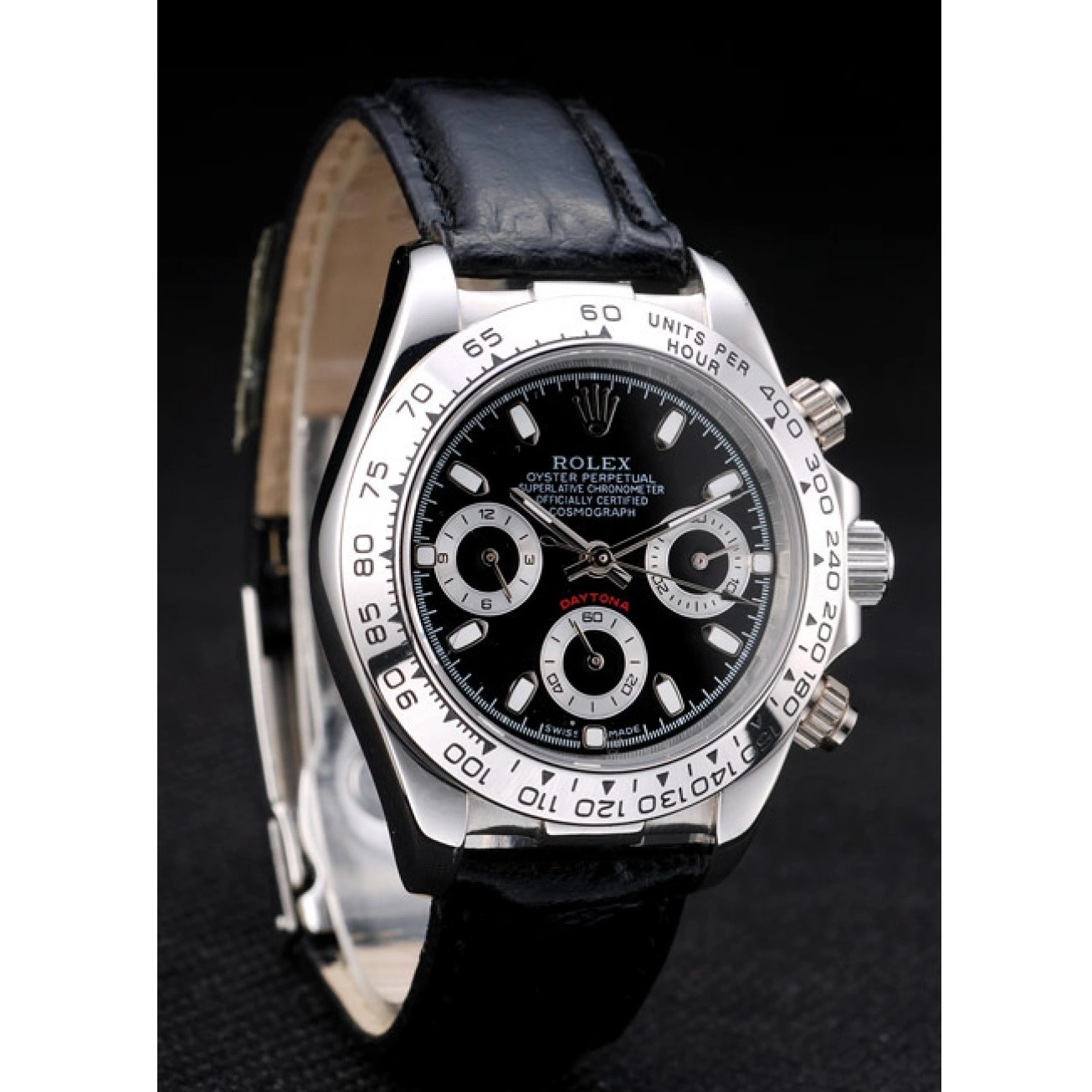 Good Copy Rolex Watches Stainless Black Case Tachymeter Daytona Dial Leather Rolex Lady Black Steel Strap 0219