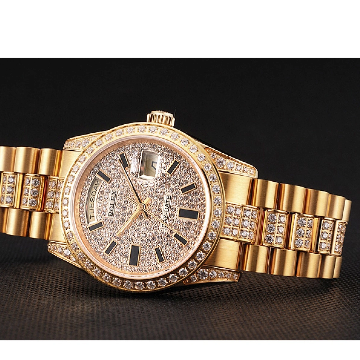 AAA Replica Watches Gold Rolex Pave Diamond Swiss Yellow Day Date 0214