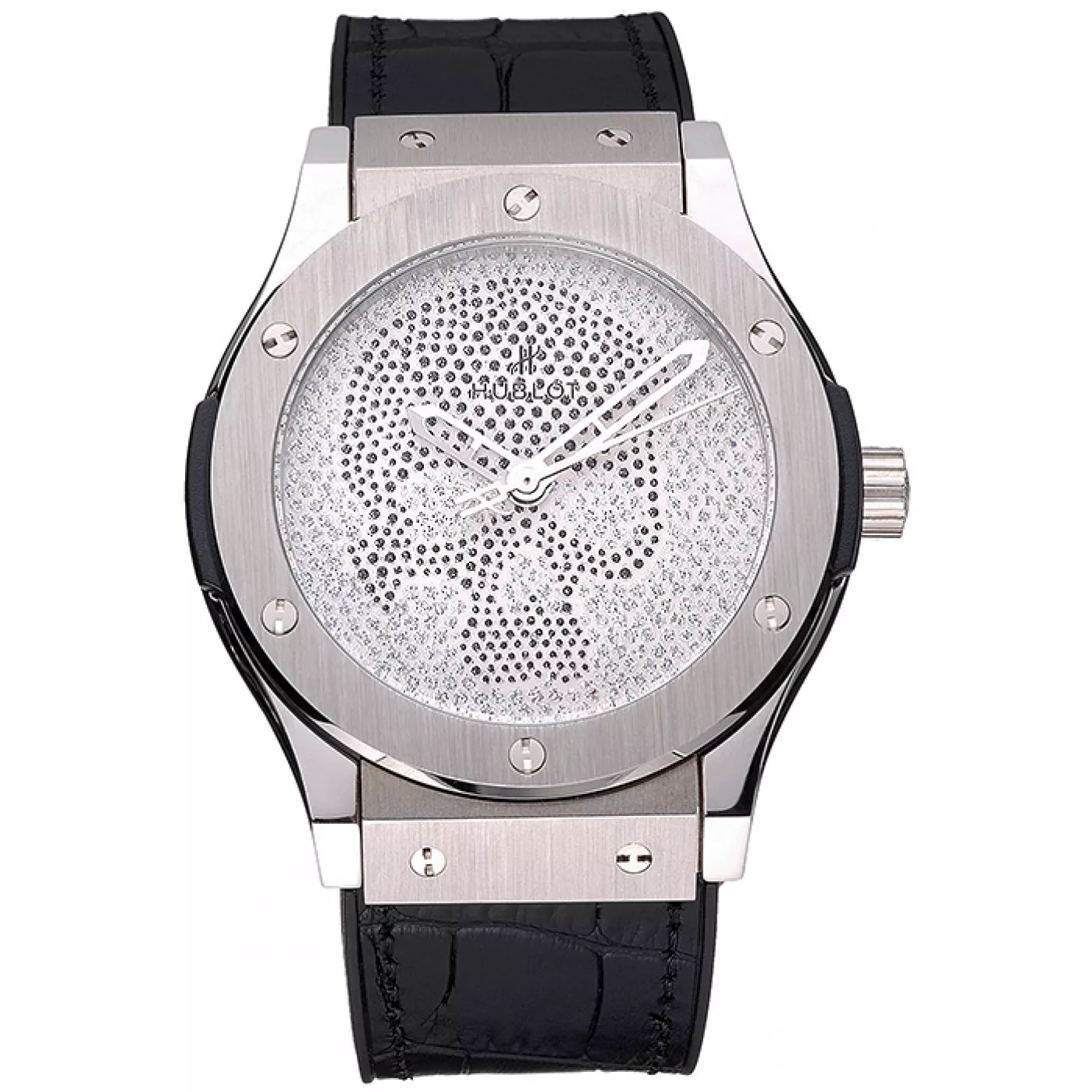 Best AAA Replica Sites Hublot Classic Fusion Diamond Skull Dial Stainless Steel Case Black Leather Strap 622814 0203