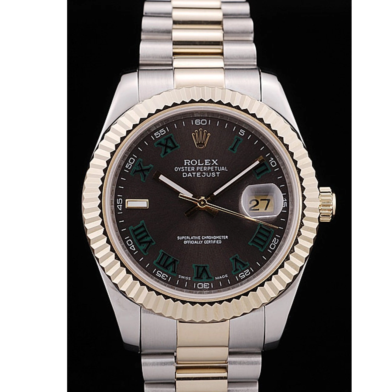 Best AAA Replica Sites Pattern Bezel Rolex Dial Gold Ribbed Brown DateJust 0219