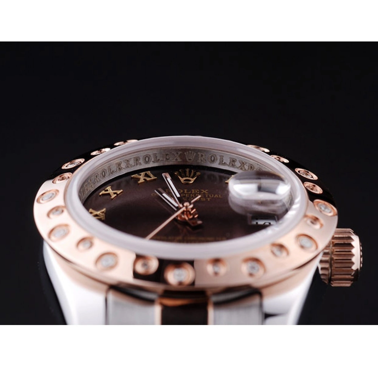 AAA Replica Watches Gold Dial Polished Datejust Rolex Rose Brown Bezel Diamonds 7475 0213