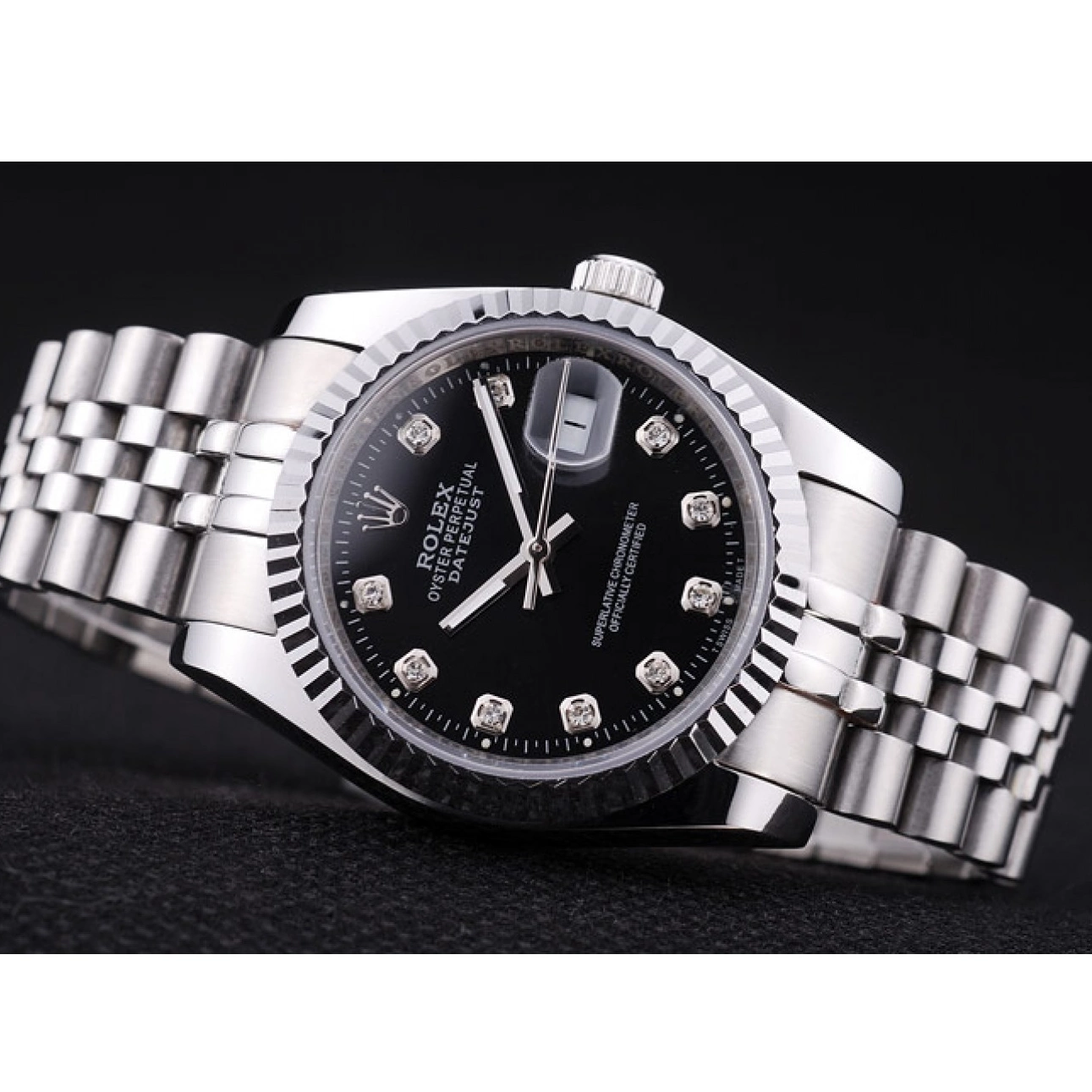 Good Copy Rolex Watches Ribbed Datejust Black Bezel Rolex 7458 Dial Diamonds 0213