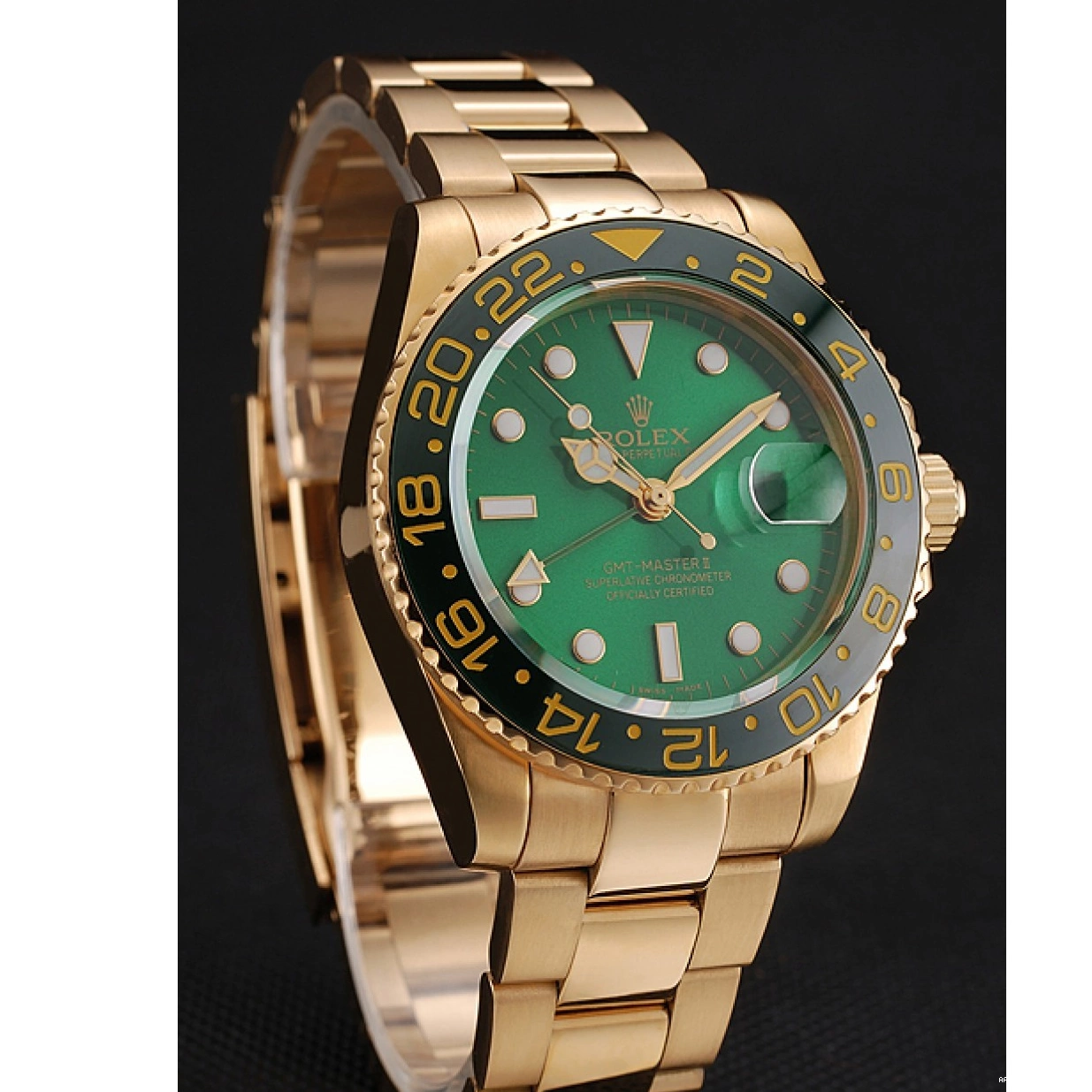 Best AAA Replica Sites Green Rolex Swiss II Master Bracelet Dial And 1453750 Gold GMT Case Bezel And 0213