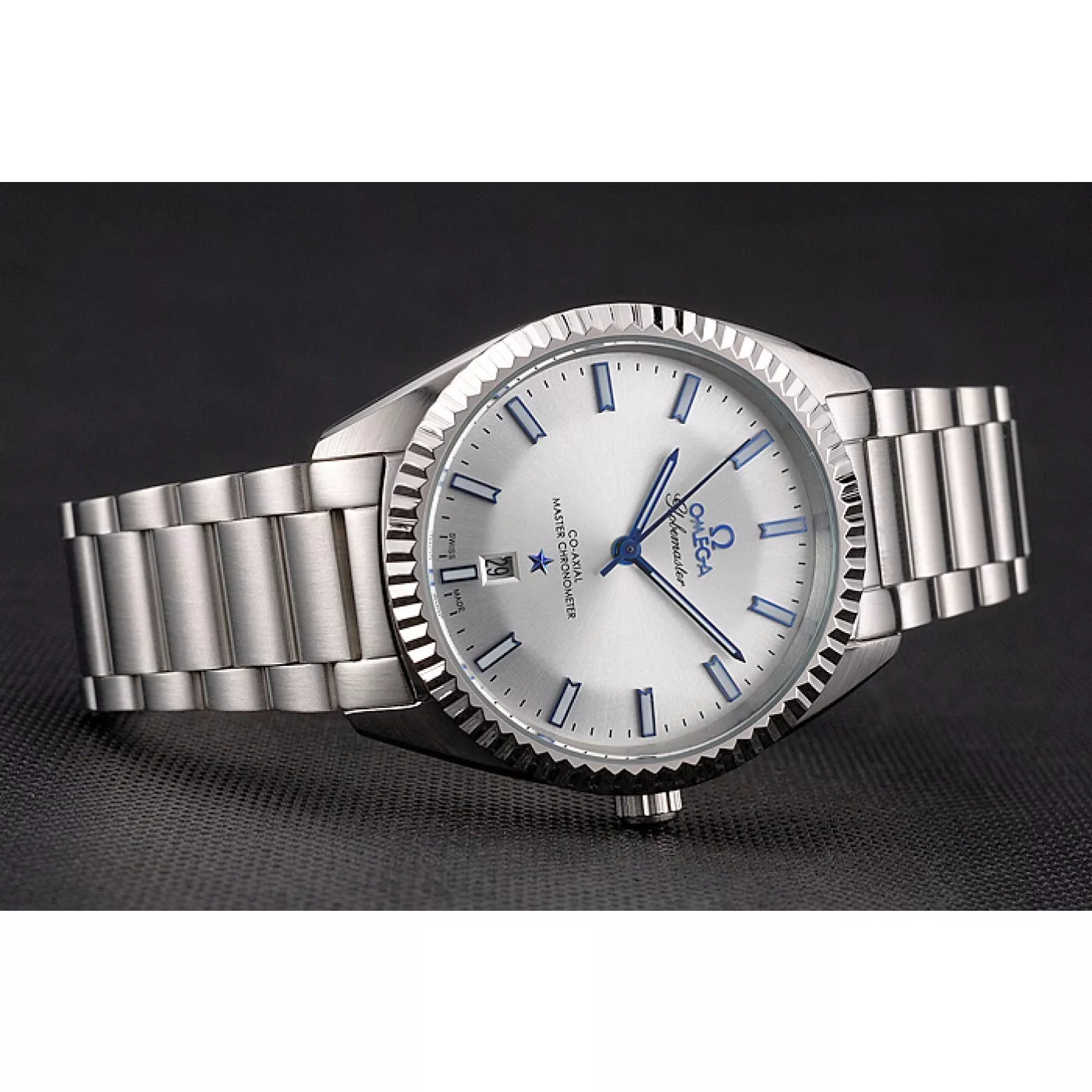 Good Copy Rolex Watches Omega Globemaster Silver Dial Blue Hands Stainless Steel Case And Bracelet 0206