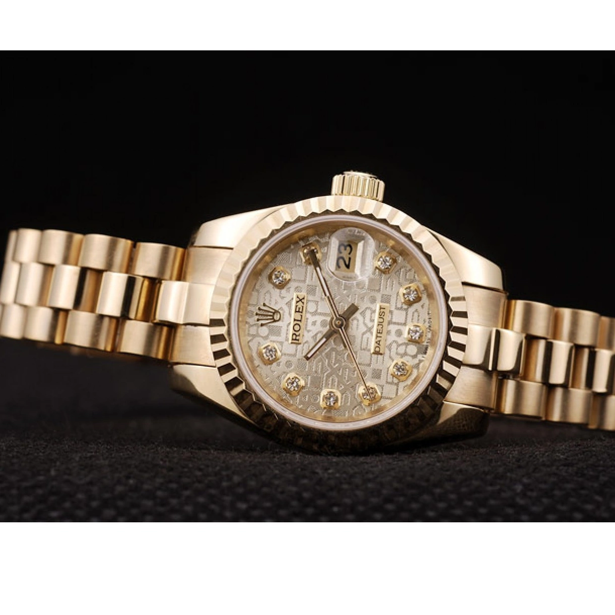 Good Copy Rolex Watches Ribbed Dial Gold Bezel Gold Rolex Pattern DateJust 0215