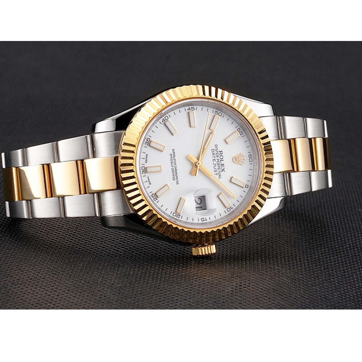 Best AAA Replica Sites Datejust Swiss Stainless Steel Rolex Gold Bracelet Case Dial Two White Tone 0222