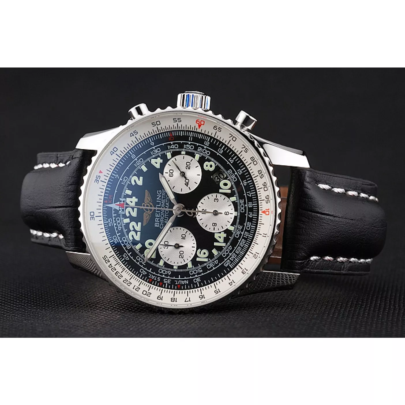 Good Copy Rolex Watches Swiss Breitling Navitimer Cosmonaute Black Dial Stainless Steel Case Black Leather Strap 0205