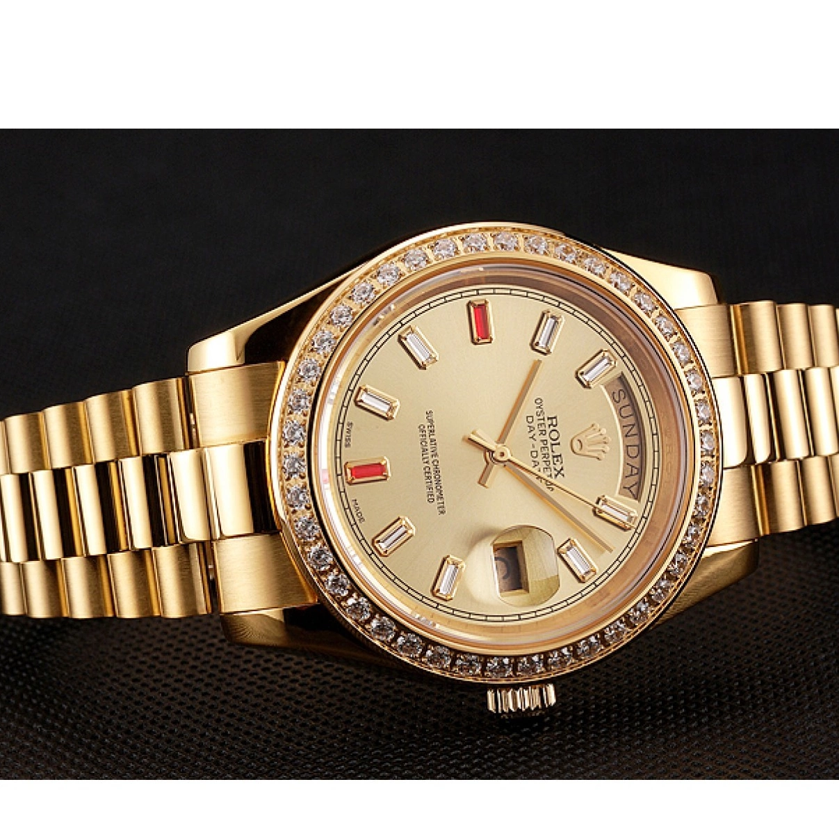 Best AAA Replica Sites Gold Diamonds Dial Bracelet Day-Date Champagne 1454100 Rubies Rolex Swiss And 0223