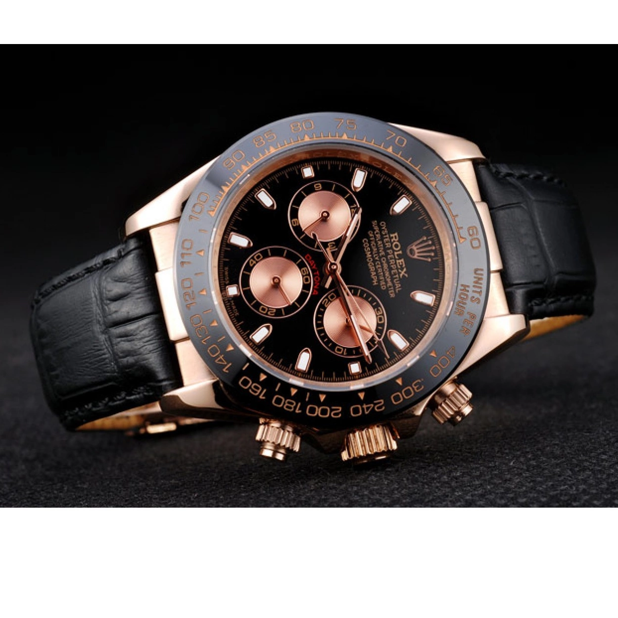 Best AAA Replica Sites Strap Dial Black Gold Rose Rolex Black Leather Case Daytona 0212