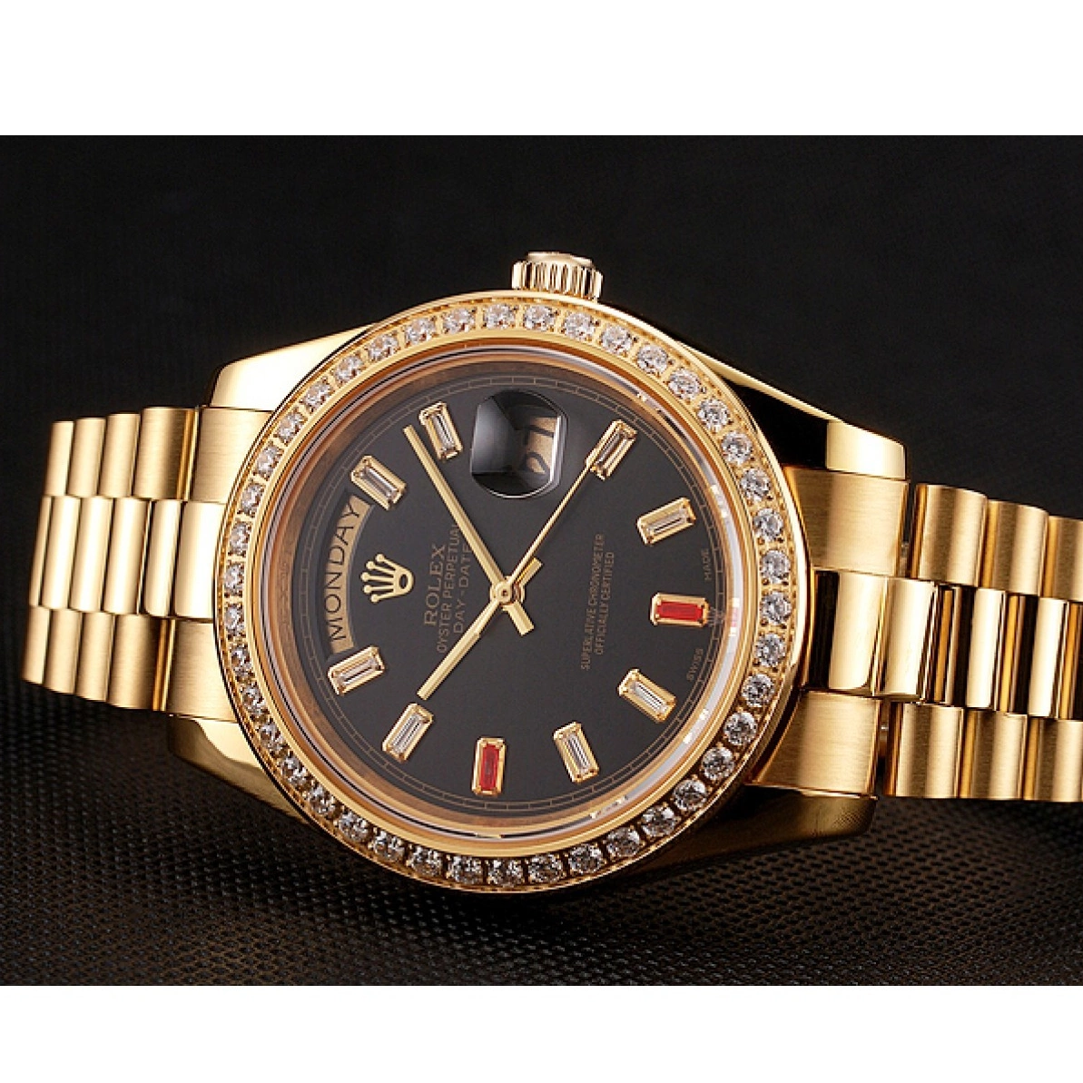 AAA Replica Watches Bracelet Rolex Diamonds Black Rubies Dial Gold And Day-Date Swiss 1454101 0221