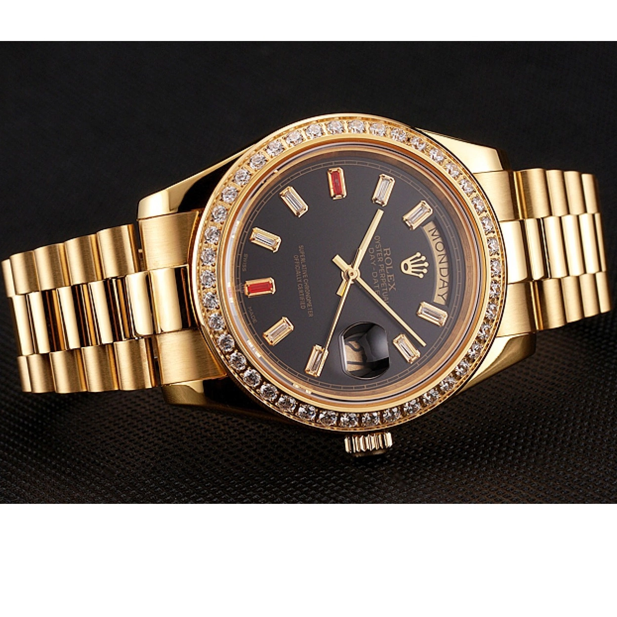 AAA Replica Watches Bracelet Rolex Diamonds Black Rubies Dial Gold And Day-Date Swiss 1454101 0221