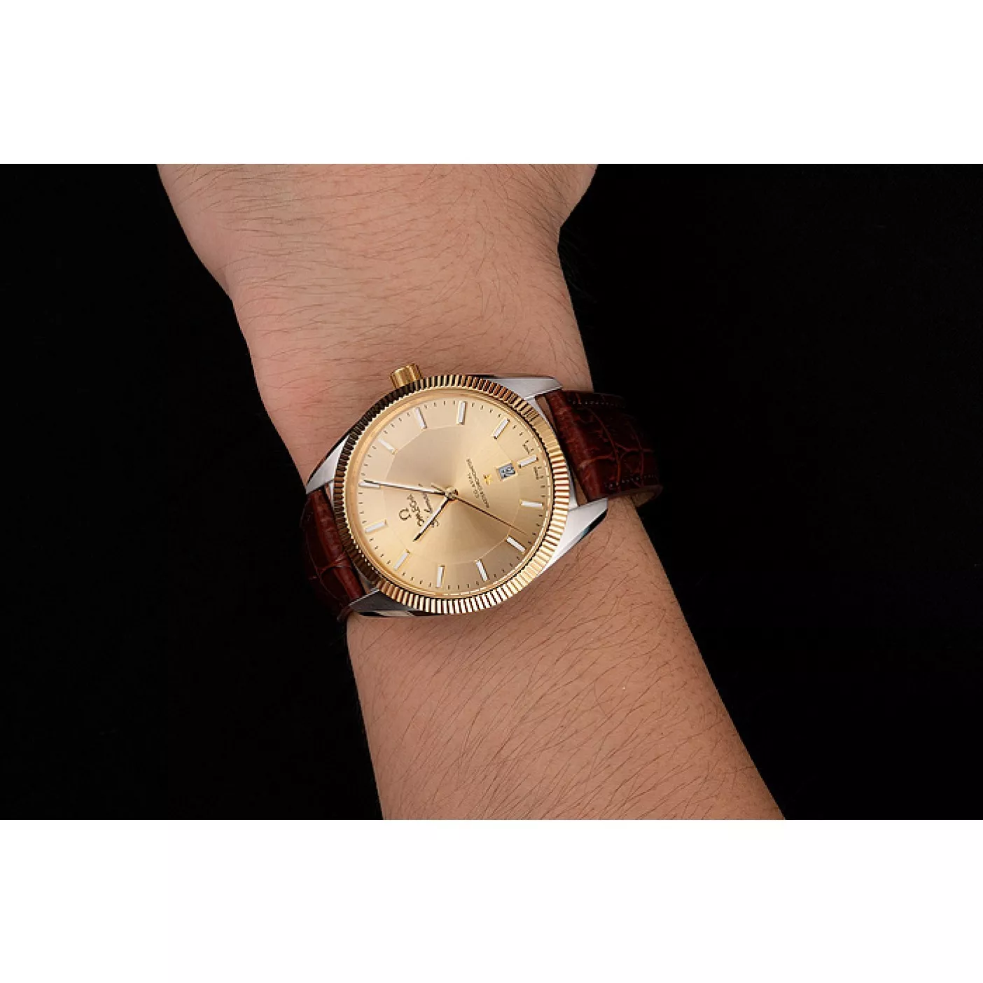 Best AAA Replica Sites Omega Globemaster Gold Dial And Bezel Stainless Steel Case Brown Leather Strap 0206