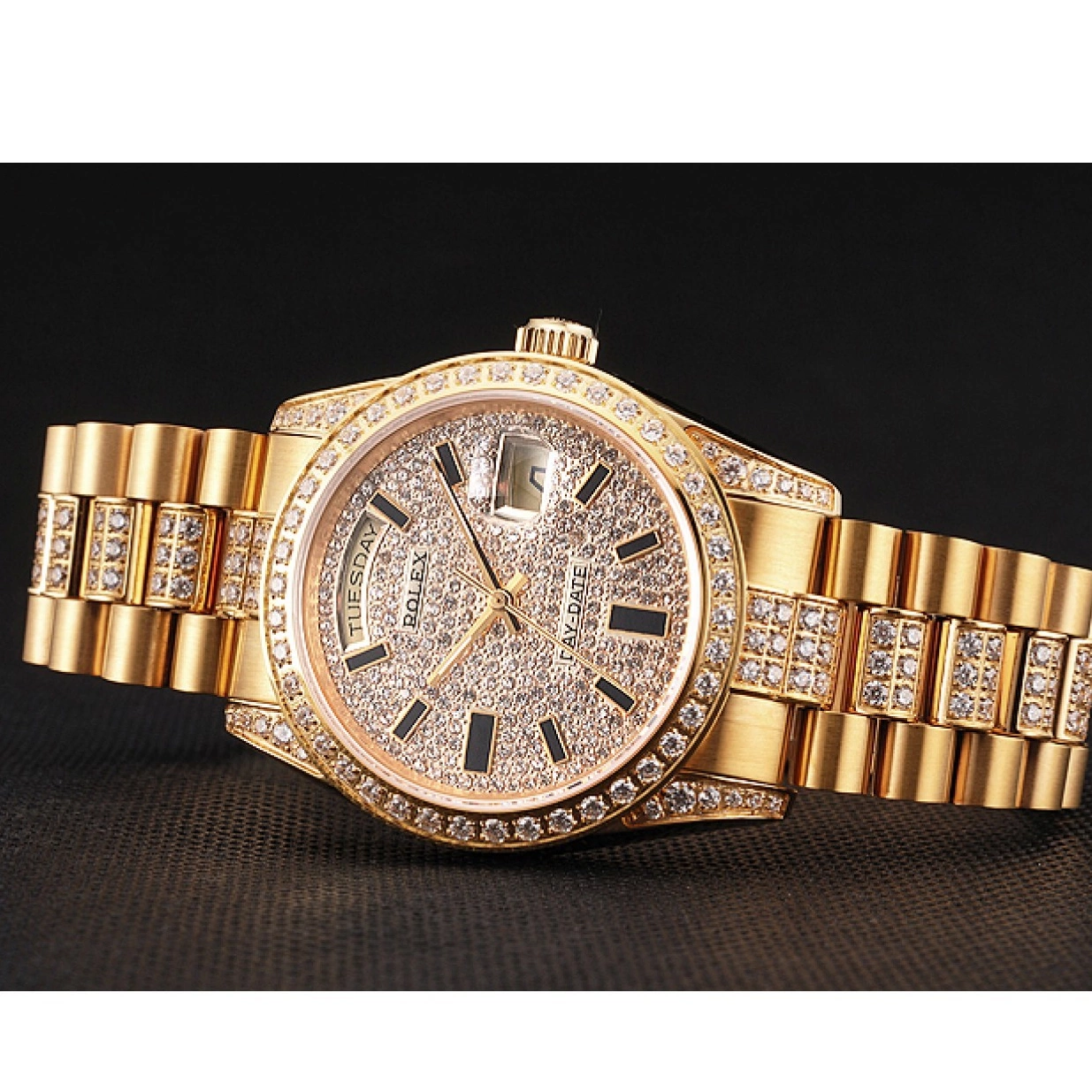 Best AAA Replica Sites Pave Gold Yellow Rolex Swiss Diamond Day Date 0218