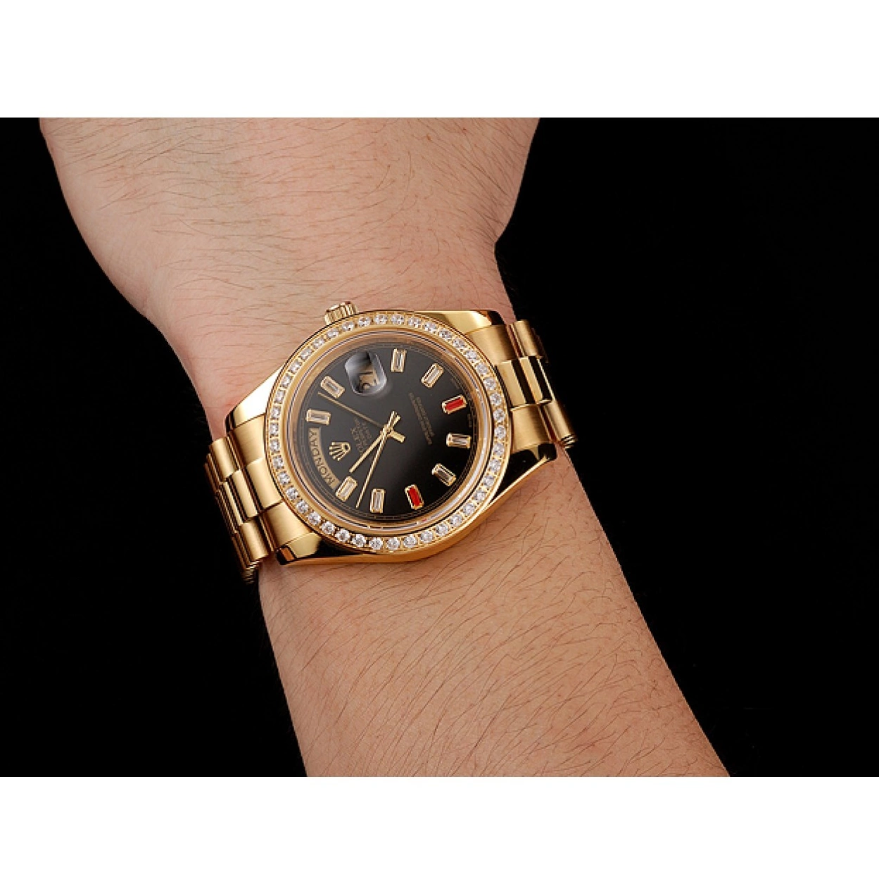 Best AAA Replica Sites Black Rolex 1454101 Dial Swiss Gold And Rubies Day-Date Bracelet Diamonds 0222