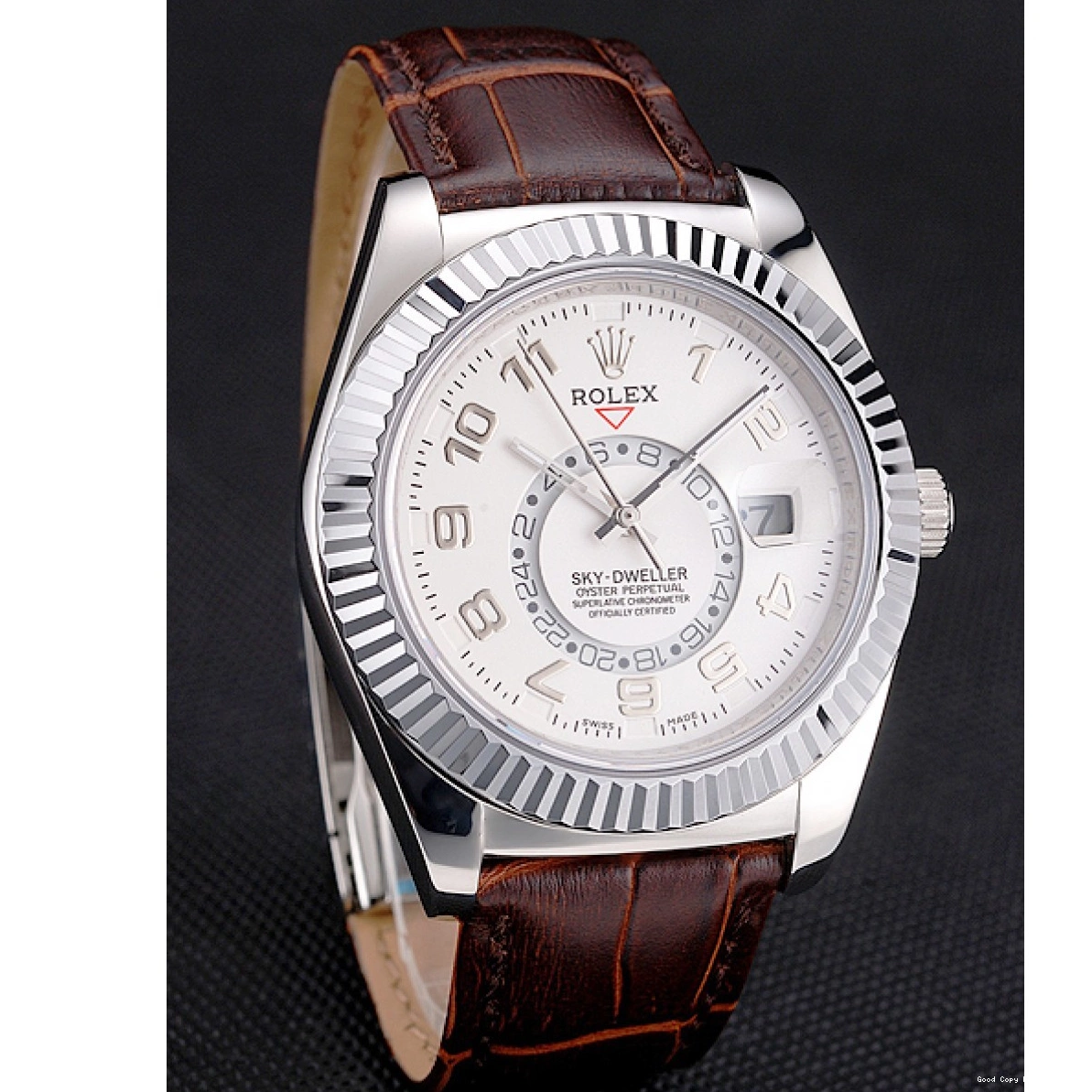 Best AAA Replica Sites White Brown Dweller Steel Stainless Strap Case Leather Dial Rolex Sky 0209