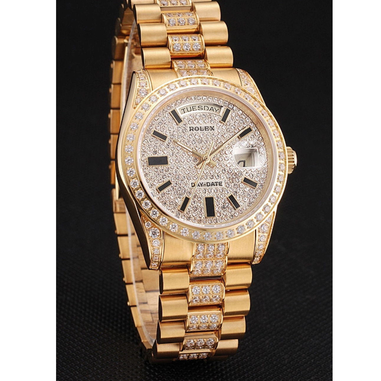 Best AAA Replica Sites Pave Gold Yellow Rolex Swiss Diamond Day Date 0218