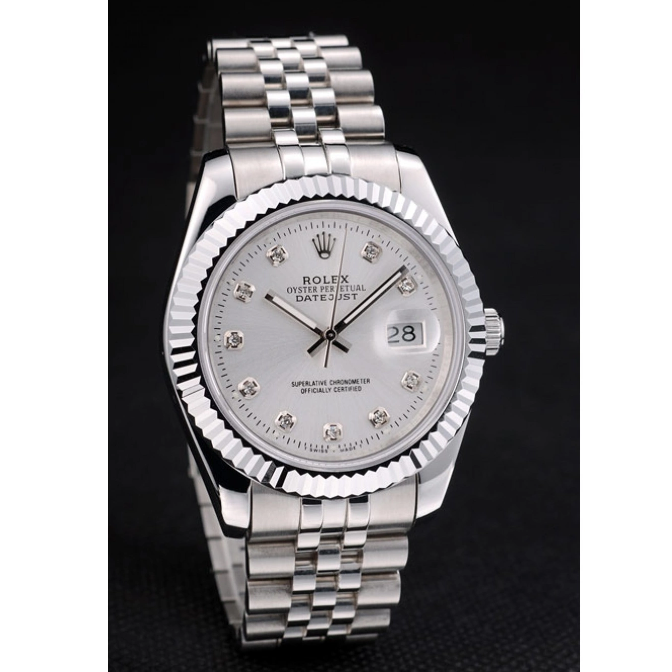 Good Copy Rolex Watches Stainless Swiss Steel Rolex Ribbed Silver Bezel DateJust 41996 Dial 0210