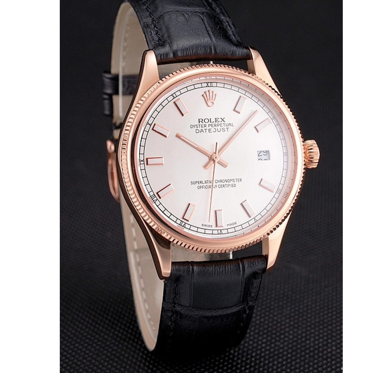 Good Copy Rolex Watches Black Datejust Rose Case Swiss White Dial Gold Rolex Strap Leather 0221