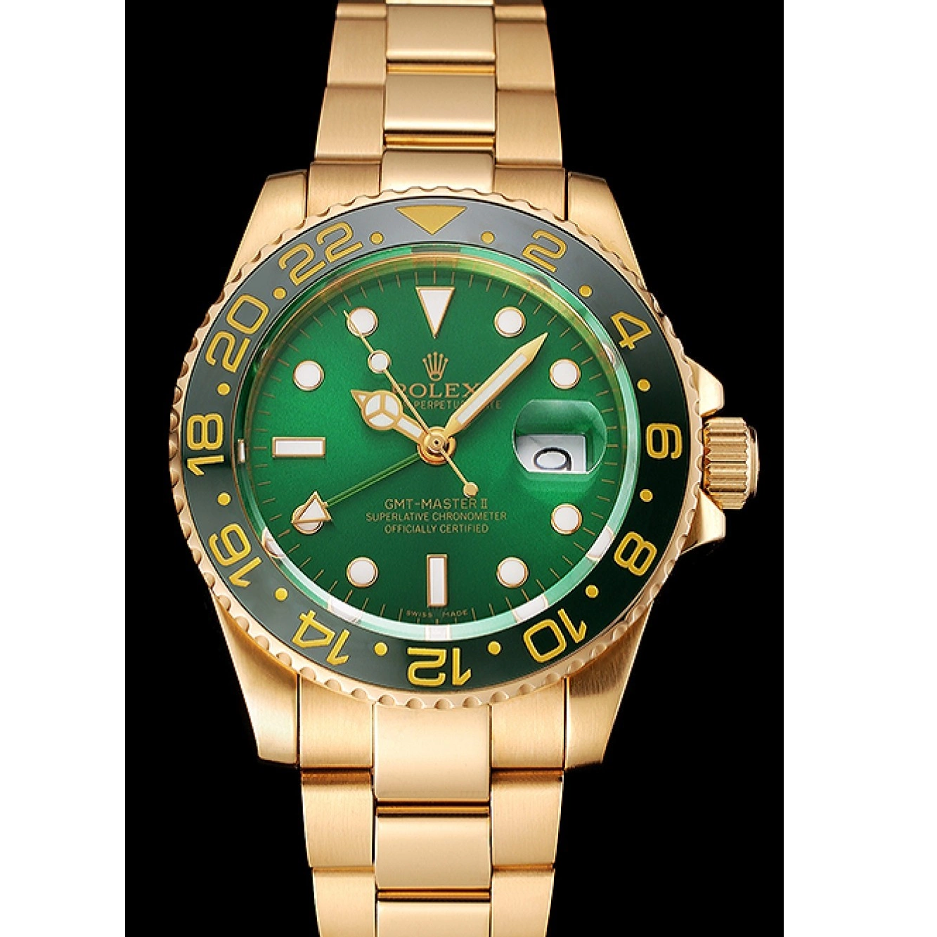 Best AAA Replica Sites Green Rolex Swiss II Master Bracelet Dial And 1453750 Gold GMT Case Bezel And 0213