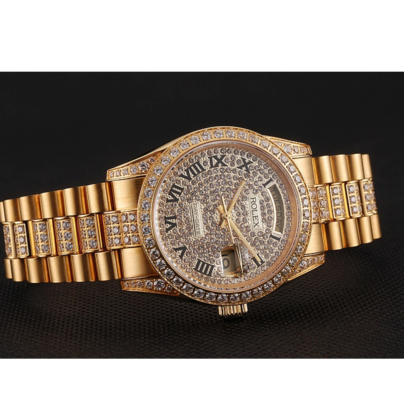 Best AAA Replica Sites Rolex Day-Date Diamond Pave Dial Bracelet Swiss Diamond 1453956 Gold 0220