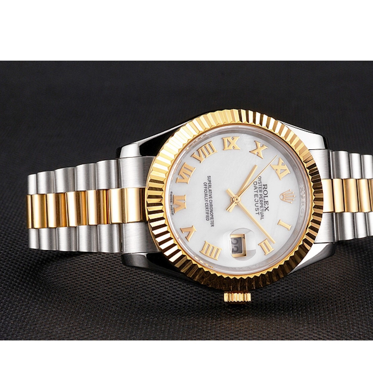 AAA Replica Watches Rolex Two Swiss Roman Bezel Bracelet Stainless Datejust Gold Steel Tone Dial Case Numerals White 0220