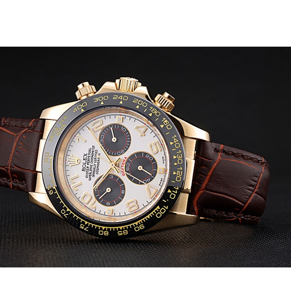 Good Copy Rolex Watches Bracelet Black Leather Rolex Gold Cosmograph Daytona Brown 622634 Subdials Case 0220