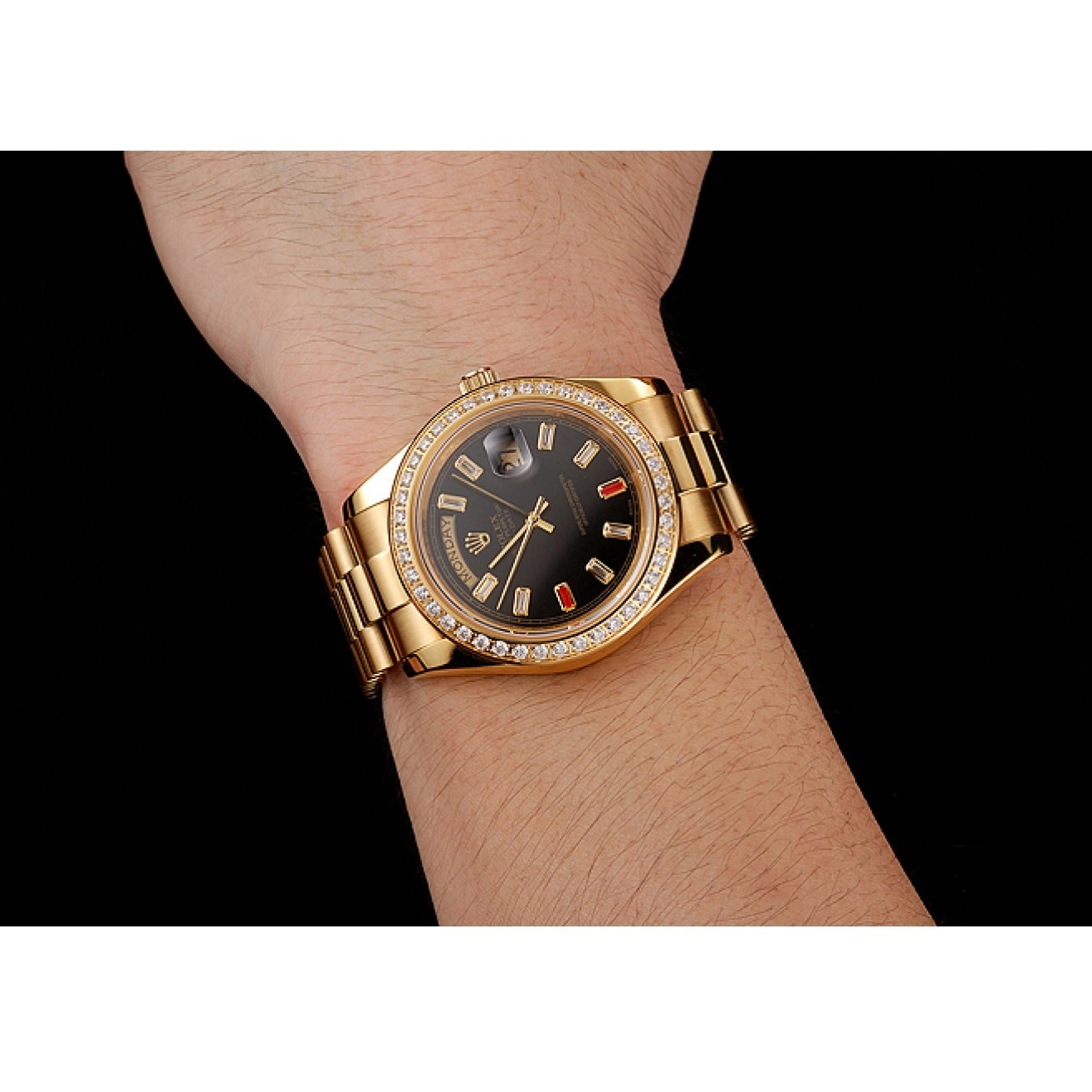 AAA Replica Watches Bracelet Rolex Diamonds Black Rubies Dial Gold And Day-Date Swiss 1454101 0221