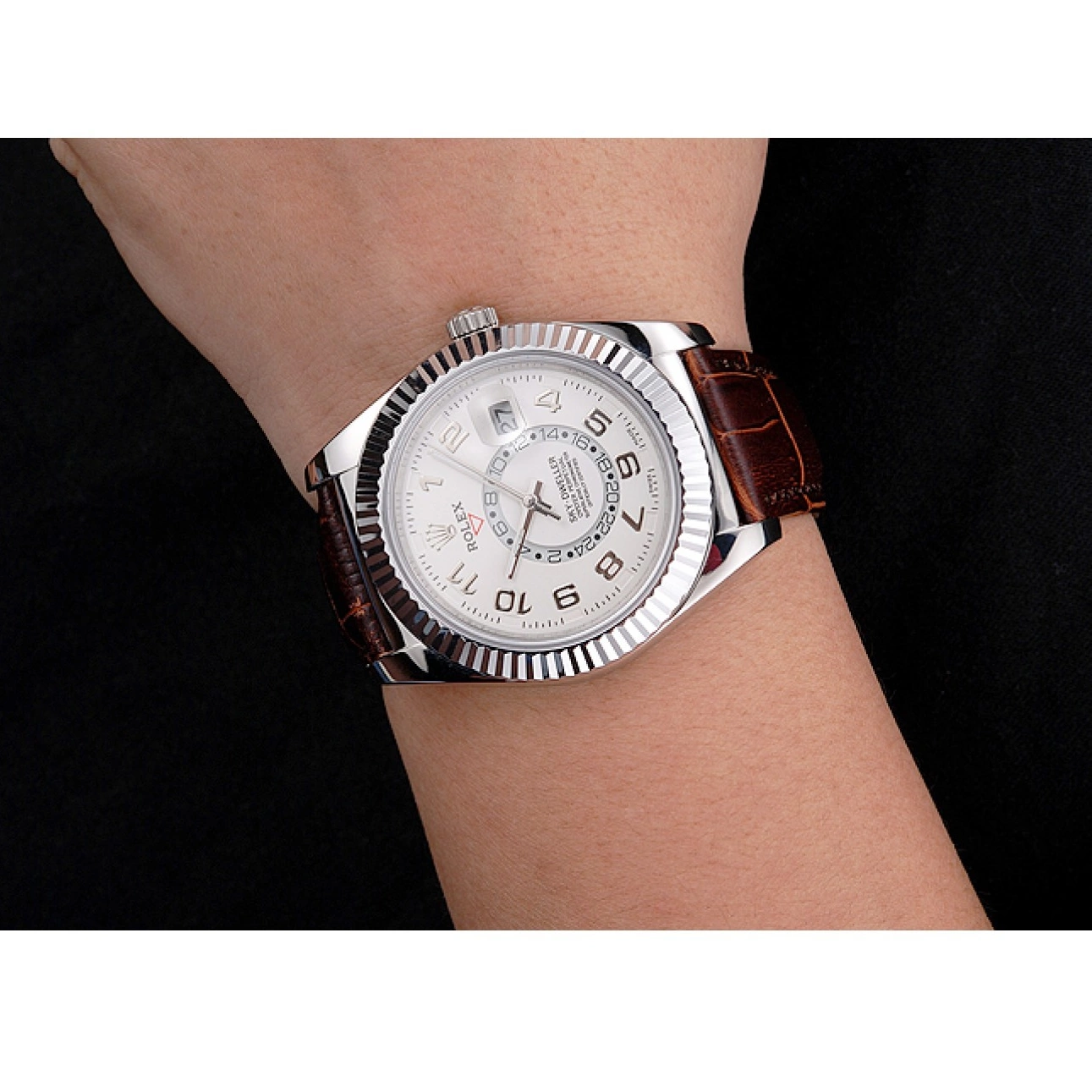 Best AAA Replica Sites White Brown Dweller Steel Stainless Strap Case Leather Dial Rolex Sky 0209