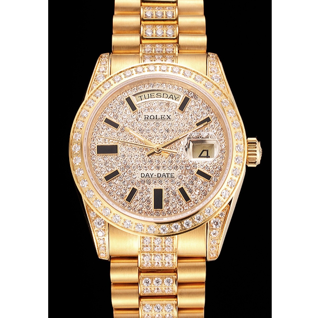 Best AAA Replica Sites Pave Gold Yellow Rolex Swiss Diamond Day Date 0218