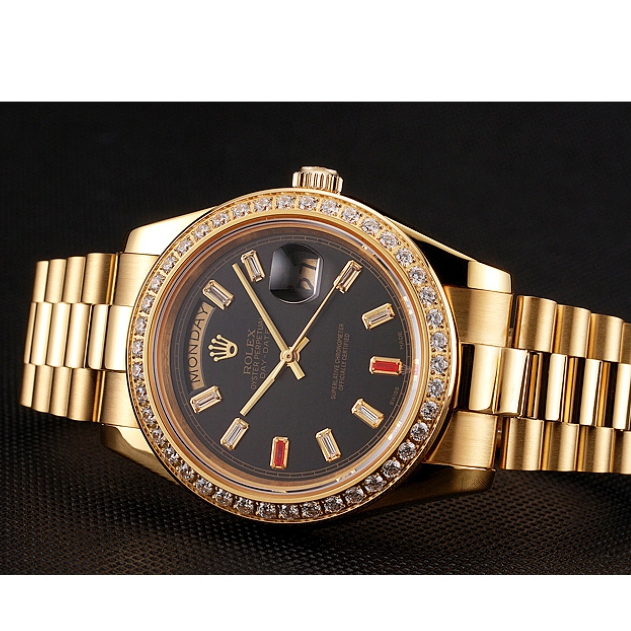 Best AAA Replica Sites Black Rolex 1454101 Dial Swiss Gold And Rubies Day-Date Bracelet Diamonds 0222