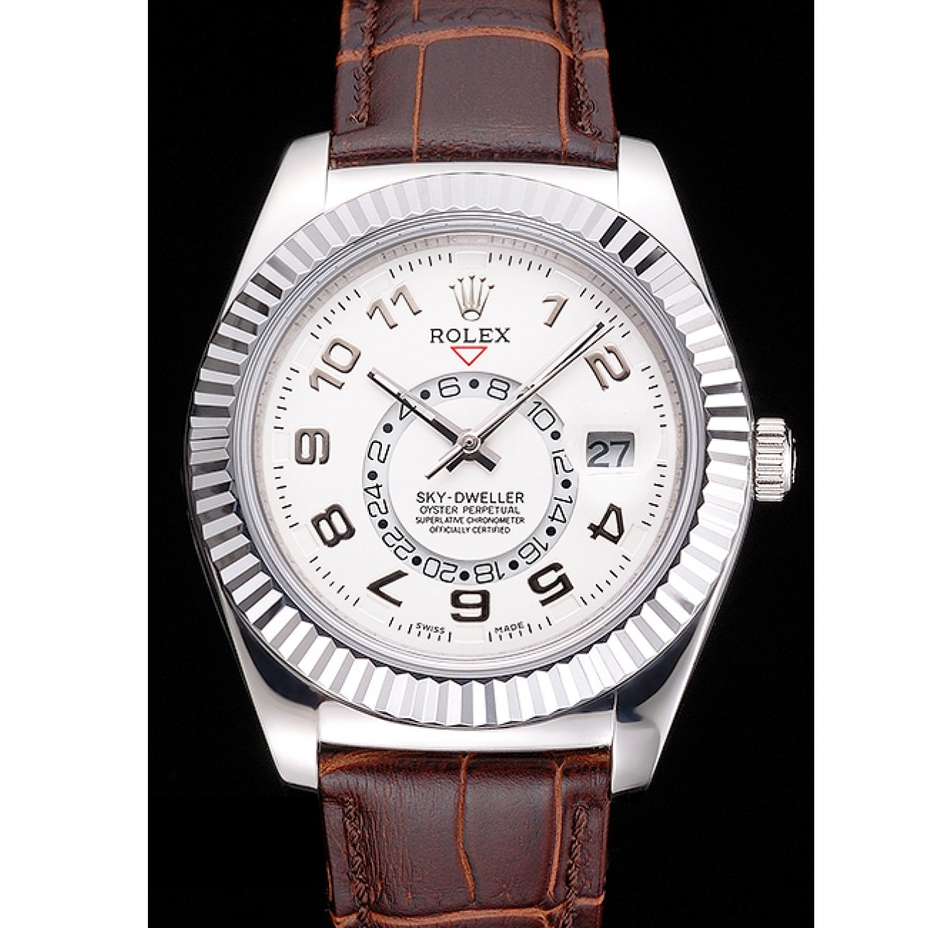 Best AAA Replica Sites White Brown Dweller Steel Stainless Strap Case Leather Dial Rolex Sky 0209