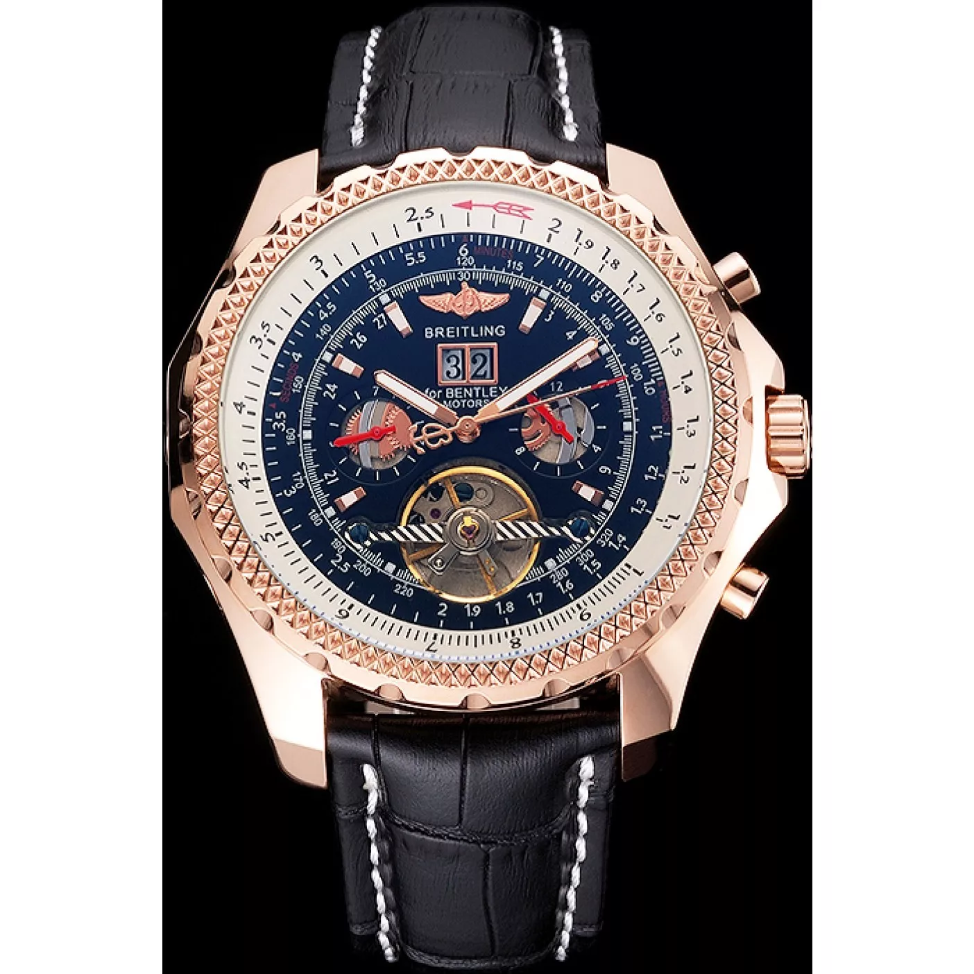 Breitling For Bentley Mulliner Tourbillon Black Dial Rose Gold Case Black Leather Strap 0205