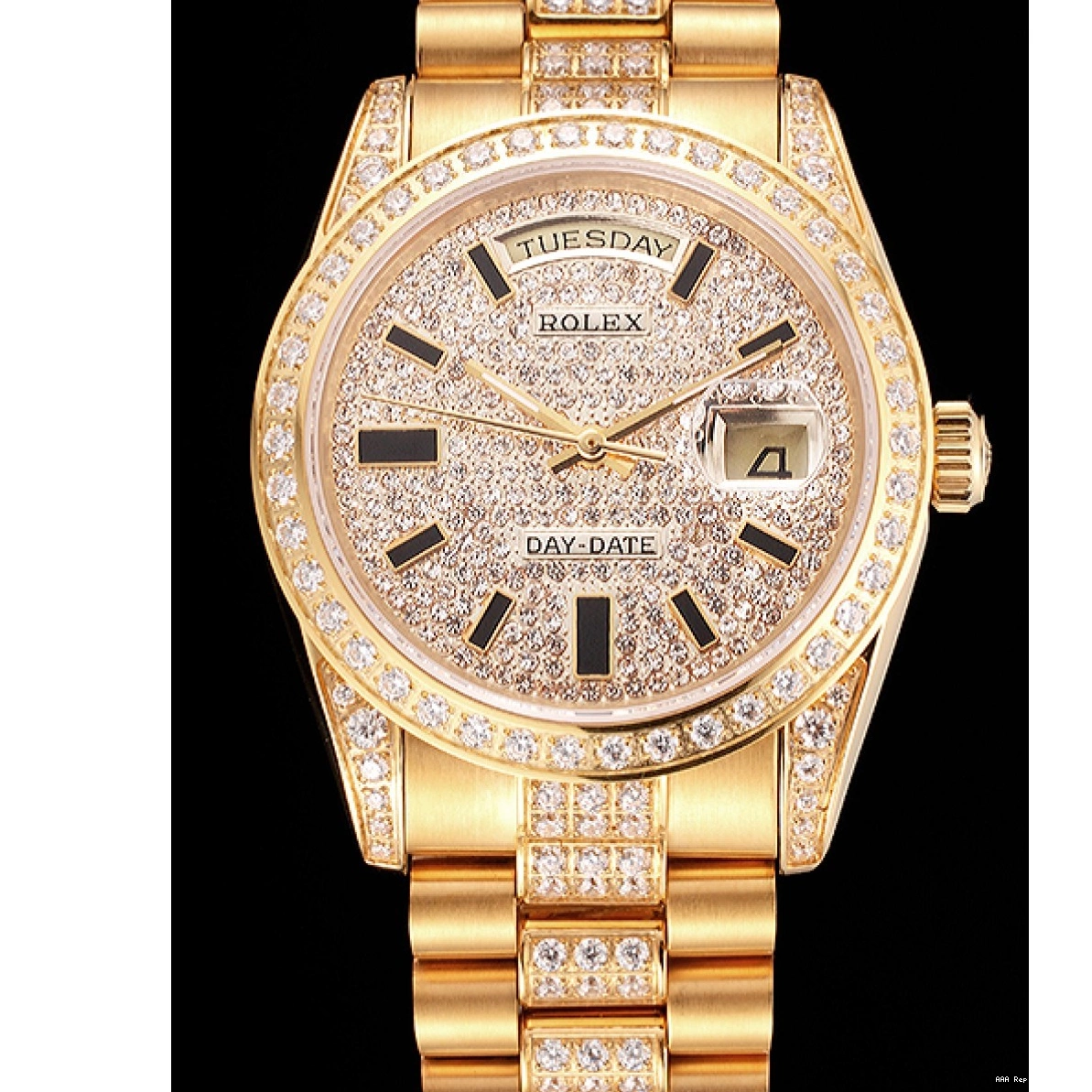 AAA Replica Watches Gold Rolex Pave Diamond Swiss Yellow Day Date 0214