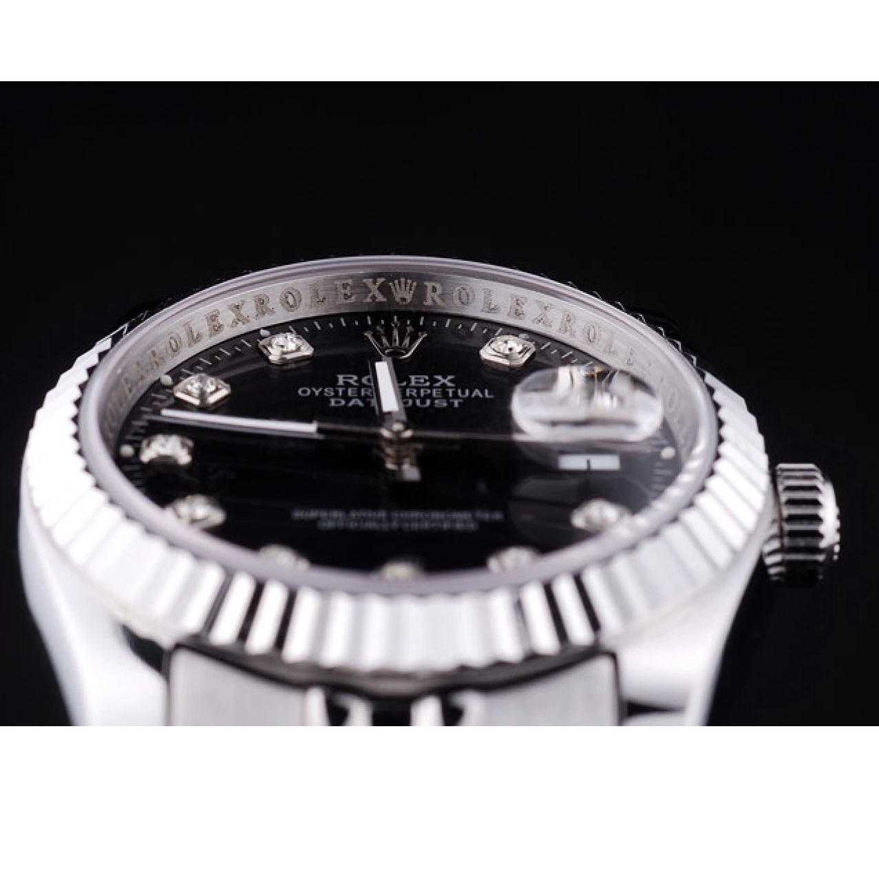 Good Copy Rolex Watches Ribbed Datejust Black Bezel Rolex 7458 Dial Diamonds 0213