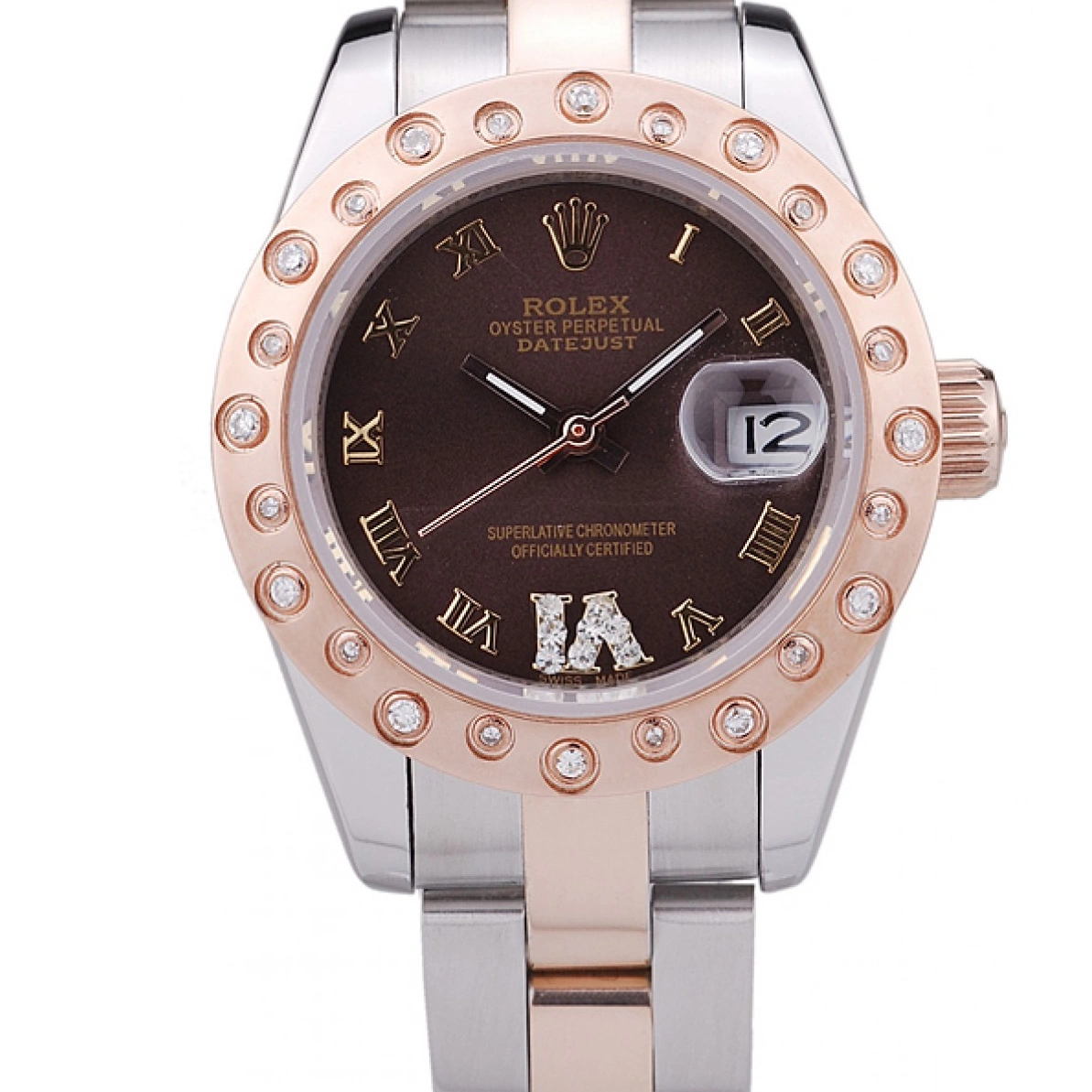 AAA Replica Watches Gold Dial Polished Datejust Rolex Rose Brown Bezel Diamonds 7475 0213