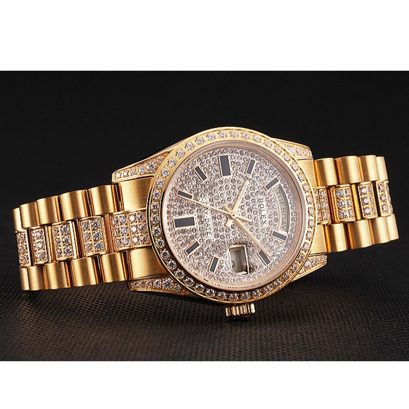 AAA Replica Watches Gold Rolex Pave Diamond Swiss Yellow Day Date 0214