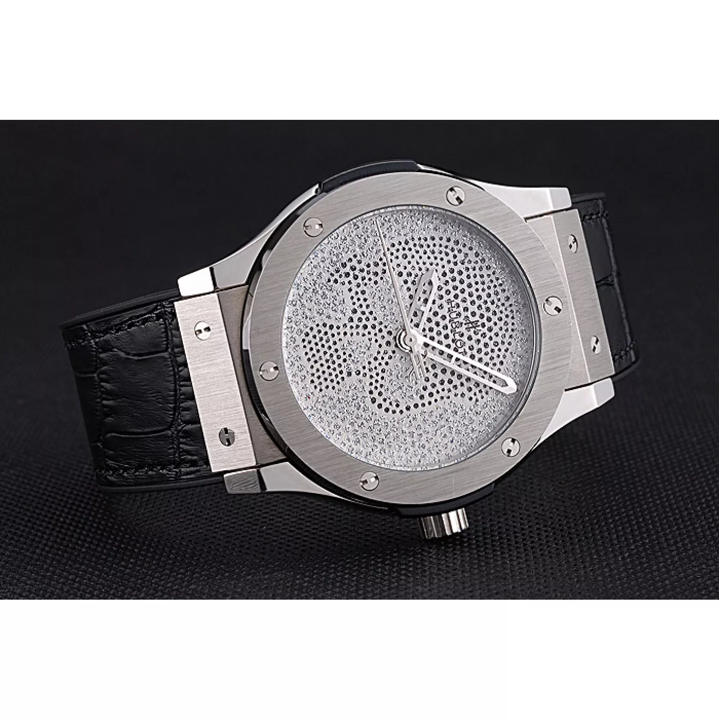 Best AAA Replica Sites Hublot Classic Fusion Diamond Skull Dial Stainless Steel Case Black Leather Strap 622814 0203