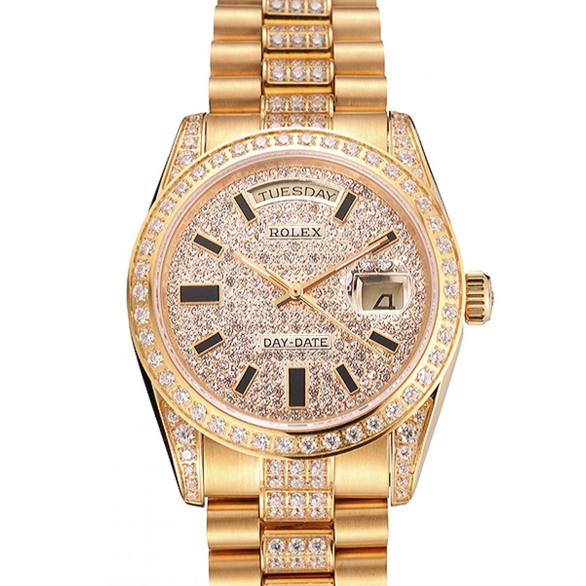 Best AAA Replica Sites Pave Gold Yellow Rolex Swiss Diamond Day Date 0218