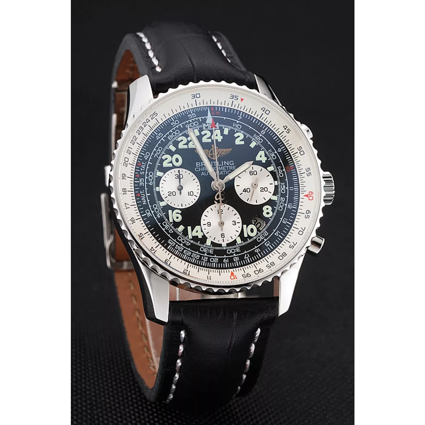 Good Copy Rolex Watches Swiss Breitling Navitimer Cosmonaute Black Dial Stainless Steel Case Black Leather Strap 0205