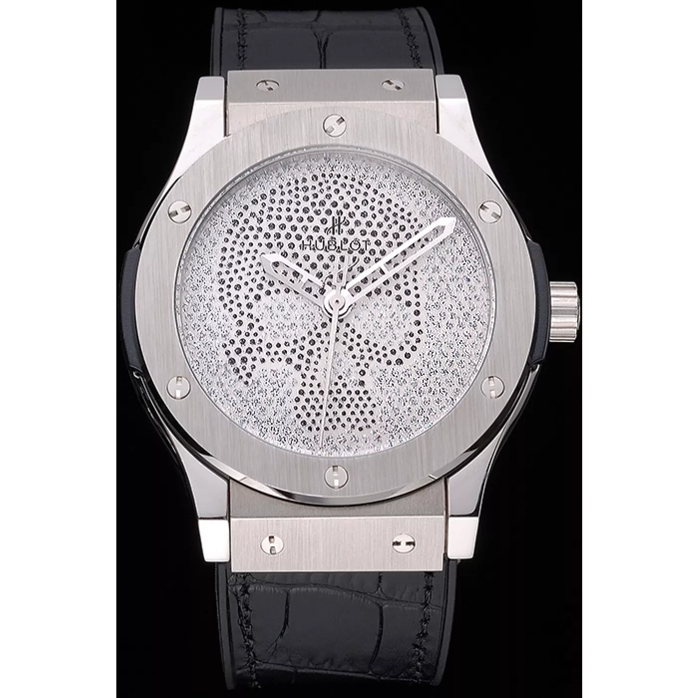 Best AAA Replica Sites Hublot Classic Fusion Diamond Skull Dial Stainless Steel Case Black Leather Strap 622814 0203